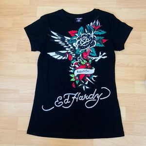 NWOT Ed Hardy Girls Eternal Love Glitter T-Shirt - Black Size M